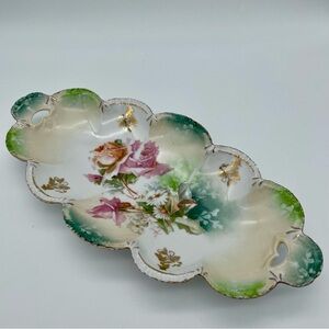 Antique Prussian Porcelain Floral Relish Celery Tray Victorian with Gold Gilding